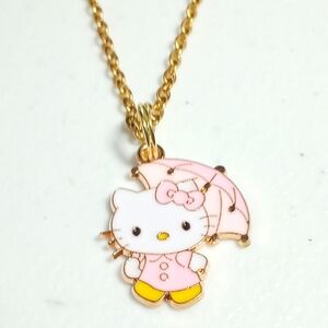 Hello Kitty Cute Gold Plated Light Pink Umbrella Pendant Necklace New